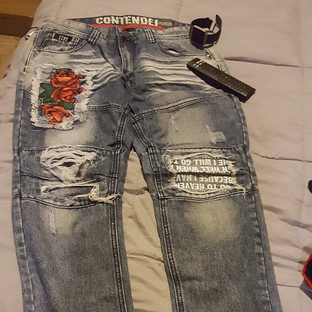 Contender Mens Denim embroidery Rose ripped jeans